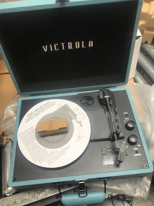 Photo 2 of Victrola Vintage 3-Speed Bluetooth Portable Suitcase Record Player with Built-in Speakers | Upgraded Turntable Audio Sound|Smoky Blue, Model Number: VSC-550BT-SMB