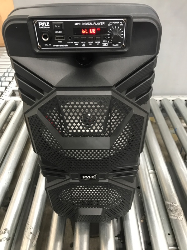 Photo 2 of Pyle Bluetooth PA Speaker System - 600W Rechargeable Outdoor Bluetooth Speaker Portable PA System w/ Dual 8” Subwoofer 1” Tweeter, Microphone In, Party Lights, USB, Radio, Remote - Pyle PPHP2836B Speaker System Speaker System