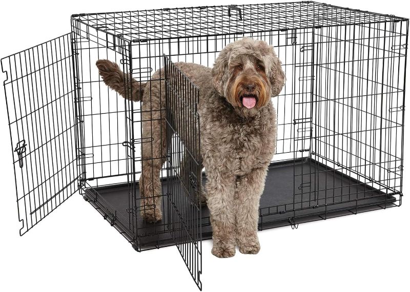 Photo 1 of 42 Inches Dog Crate Large Foldable Dog Kennel Metal Wire Pet Dog Cage with Double-Door Leak-Proof Tray Divider Panel and Handle for Dog Cat Pet,Black 42”X30”X27”
