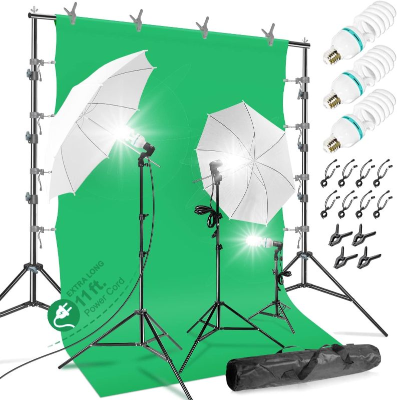 Photo 1 of **INCOMPLETE**LimoStudio 10 x 9.6 ft. Heavy Duty Backdrop Stand / 10 x 20 ft. Green Background Screen / 700W Continuous Output Umbrella Lighting Kit, AGG408
