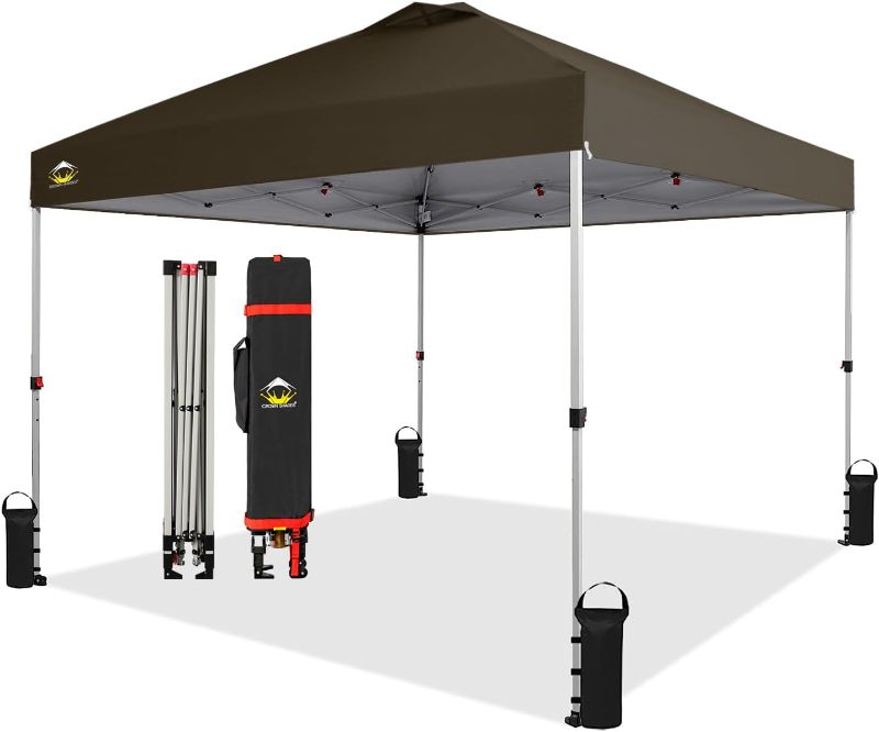 Photo 1 of CROWN SHADES 10x10 Pop up Canopy Outside Canopy, Patented One Push Tent Canopy with Wheeled Carry Bag, Bonus 8 Stakes and 4 Ropes, Coffee
