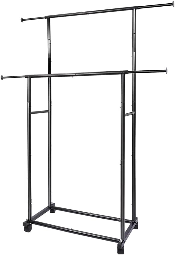 Photo 1 of Fishat Simple Standard 2 Double Rod Clothing Metal Garment Rack for Hanging Clothes, Rolling Clothes Organizer on Lockable Wheels Mobile (Black)
