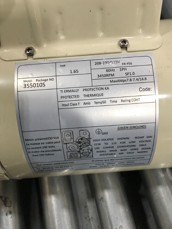 Photo 3 of **SEE NOTES/FOR PARTS ONLY**
Pentair 355024S Single Phase Single Speed Square Flange Motor Replacement Pool and Spa Pump,1.5 HP, Almond