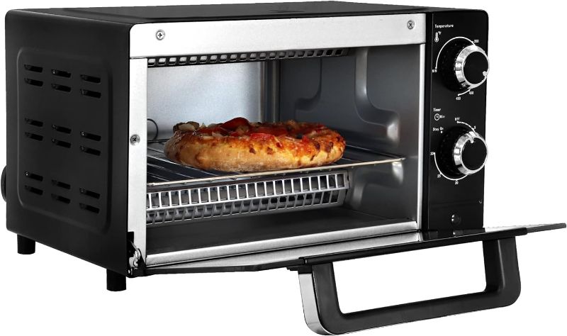 Photo 1 of Total Chef 4-Slice Natural Convection Toaster Oven, Fits a 9 Inch Pizza, Compact Countertop Oven, 30 Minute Timer, 200-450F (93-232C) Temperature Range, Bake, Toast, Roast, Black and Stainless Steel