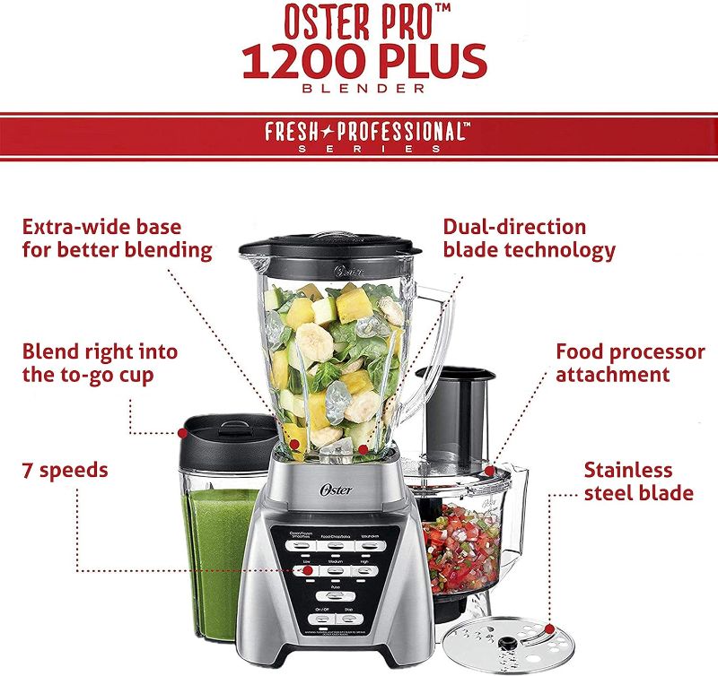 Photo 3 of *NEW* - Oster Blender, Brushed Nickel & Blender | Pro 1200 with Glass Jar, 24-Ounce Smoothie Cup and Food Processor Attachment, Brushed Nickel Blender + Food Processor Brushed Nickel + Blender