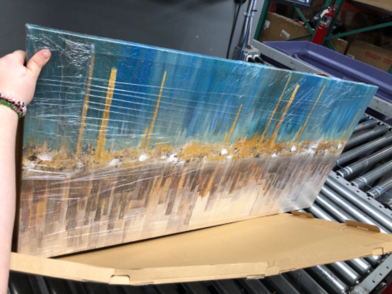 Photo 2 of Ardemy Teal Abstract Cityscape Canvas Wall Art Modern Skyline Gold Textured Painting