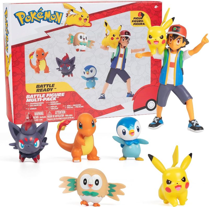 Photo 1 of **MIXED TYPES** Pokémon Battle Ready! Figure Set Toy, 6 Pieces - Includes 4.5" Ash & Launching Pikachu, 2" Charmander, 2” Rowlet, 2” Piplup, 2” Zorua - Officially Licensed - Gift for Kids, Boys & Girls - Ages 4+
