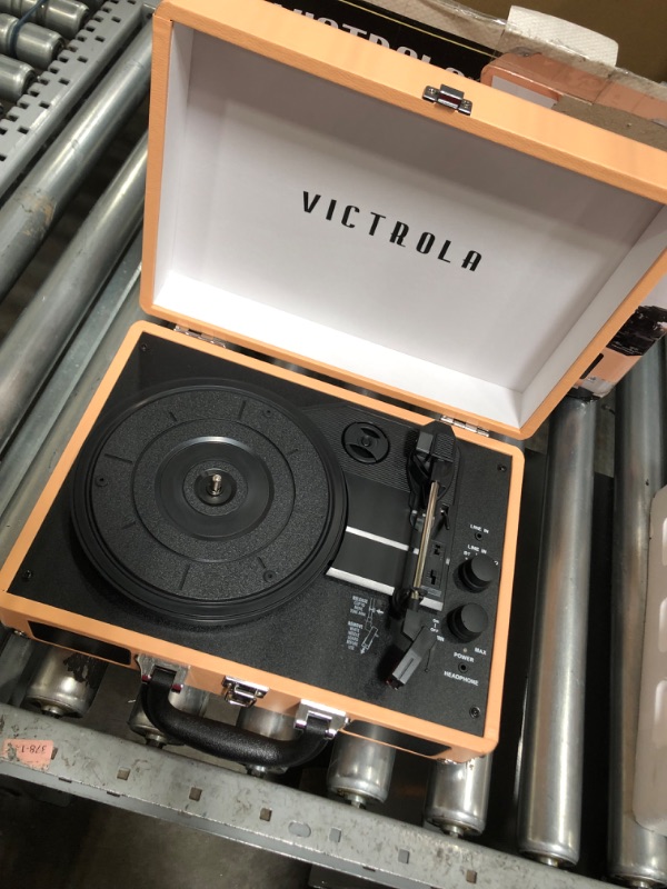 Photo 3 of Victrola Vintage 3-Speed Bluetooth Portable Suitcase Record Player with Built-in Speakers | Upgraded Turntable Audio Sound| Includes Extra Stylus | Peach Rose Gold (VSC-550BT- TPG) Peach Rose Gold Record Player