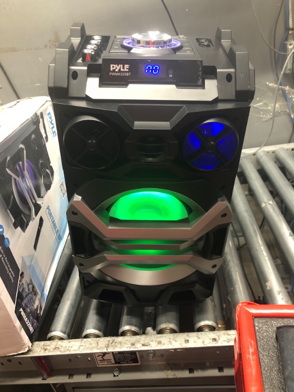 Photo 2 of ******MISSING CHARGING PORT ********Pyle 500 Watt Outdoor Portable BT Connectivity Karaoke Speaker System - PA Stereo with 8" Subwoofer, DJ Lights Rechargeable Battery Microphone, Recording Ability, MP3/USB/SD/FM Radio - PWMA325BT