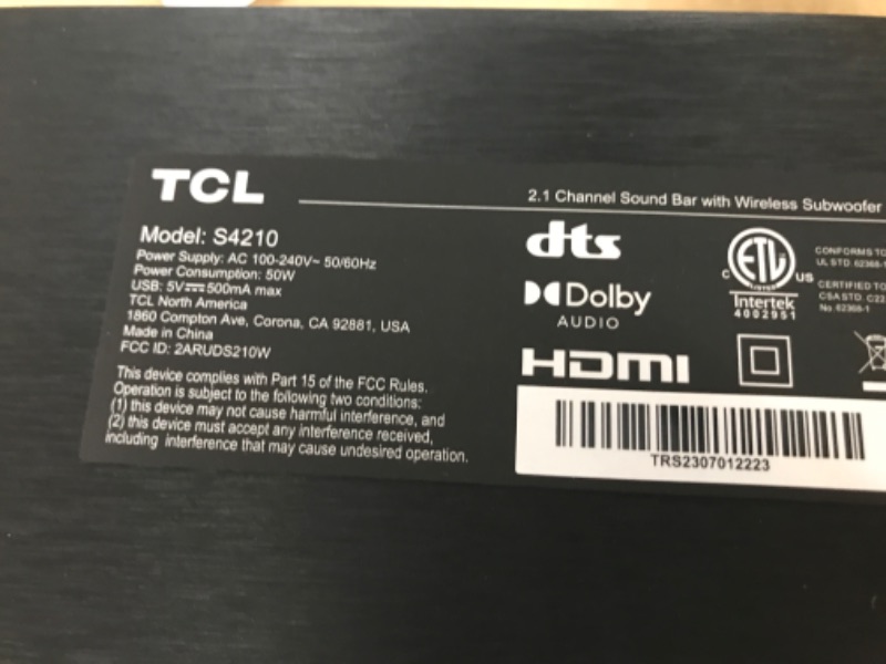 Photo 7 of TCL 2.1ch Sound Bar with Wireless Subwoofer (S4210, 2023 Model), Dolby Audio, DTS Virtual:X, Bluetooth, Voice Assistant Input, Wall Mount and HDMI Cable Included