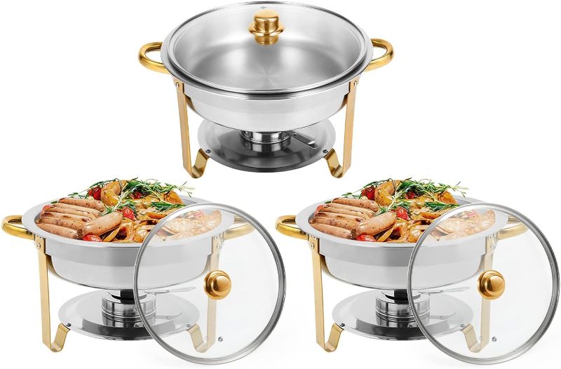 Photo 1 of 
Partial Set Only**Restlrious Chafing Dish Buffet Set 3 Pack Stainless Steel Round Chafers and Buffet Warmers Set with Lid in Gold Accents, 5QT Complete Set for Buffet...
