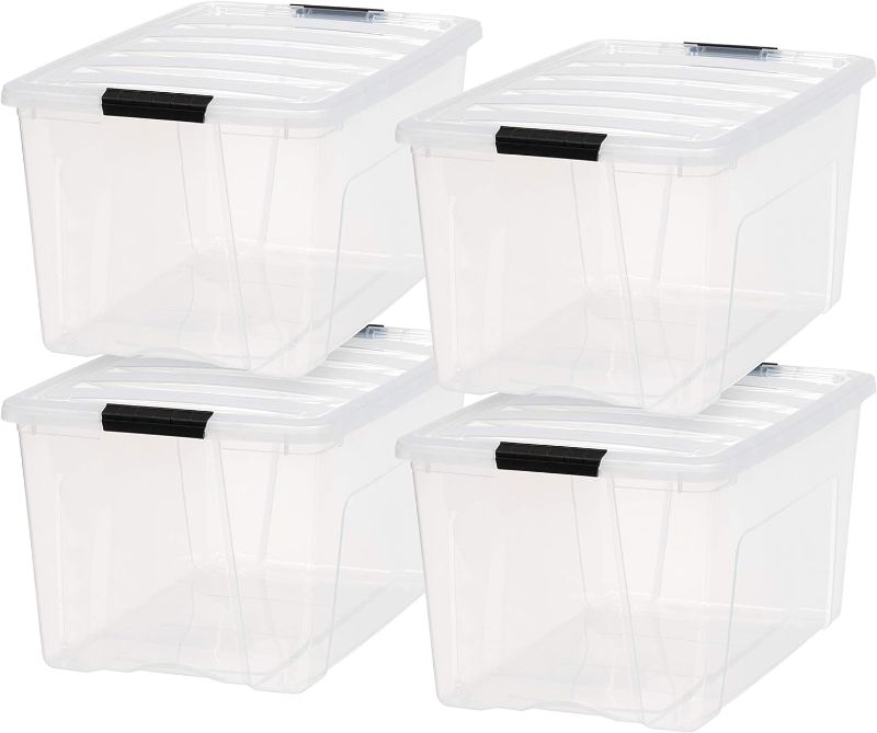 Photo 1 of 
IRIS USA 72 Quart Stack & Pull™ Box, Clear with Black Buckle, Set of 4
Color:Clear
Size:72 Qt. - 4 Pack