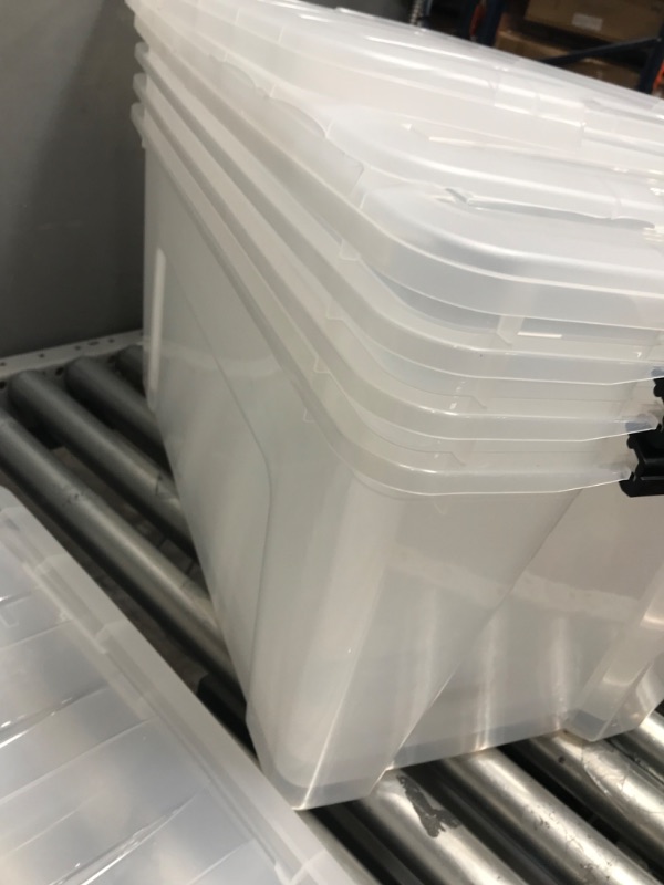 Photo 1 of 
IRIS USA 72 Quart Stack & Pull™ Box, Clear with Black Buckle, Set of 4
Color:Clear
Size:72 Qt. - 4 Pack