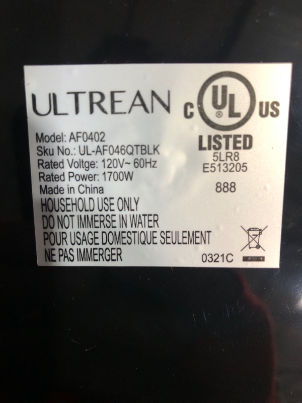 Photo 5 of * used and damaged * see images *
Ultrean Air Fryer 6 Quart , Large Family Size Electric Hot Airfryer XL Oven Oilless Cooker with 7 Presets, 