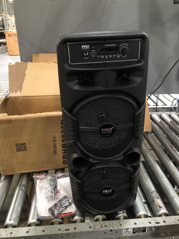 Photo 2 of Pyle Portable Bluetooth PA Speaker System - 600W Rechargeable Outdoor Bluetooth Speaker Portable PA System w/ Dual 8” Subwoofer 1” Tweeter, Microphone In, Party Lights, USB, Radio, Remote - PPHP2835B