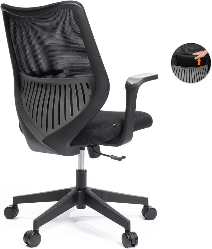 Photo 1 of FYLICA Ergonomic Office Chair, Comfy Swivel Mesh Chair Movable Cushion Lumbar Support Fixed Armrests and PU Wheels Tilting & Height Adjustment Desk Chair (Black)
