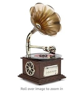 Photo 1 of LuguLake Record Player Retro Turntable All in One Vintage Phonograph Nostalgic Gramophone for LP with Copper Horn, Built-in Speaker 3.5mm Aux-in/USB