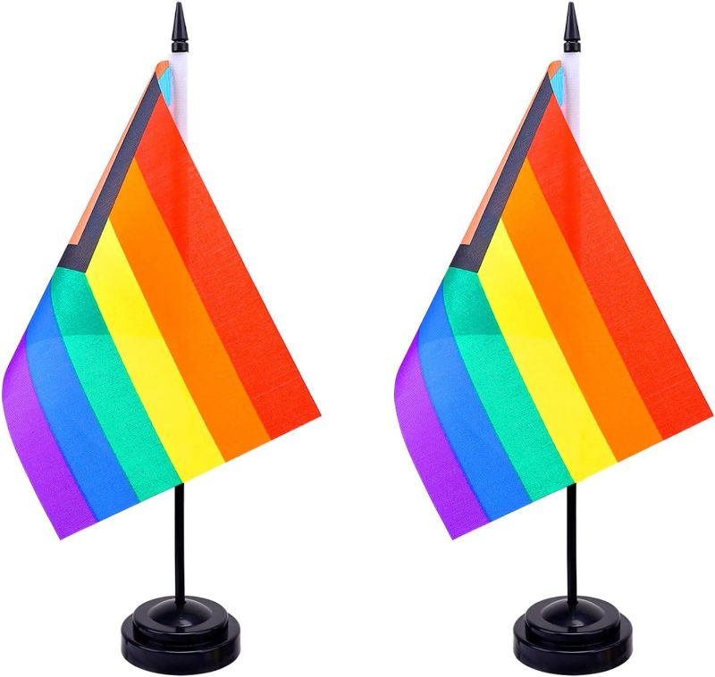 Photo 1 of ** Set of 2 * FWIW Rainbow Pride Flag Asexual Desk Flag Small Mini Asexual Gay LGBT Office Table Flags with Stand Base,Rainbow Mardi Gras Themed Party Decorations(2Pack) Asexual Rainbow flag