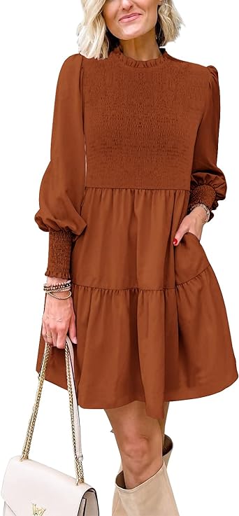 Photo 1 of Apbondy Womens Casual Tunic Dress Smocked Long Sleeve Flowy Ruffle Tiered Mini Dresses size large
