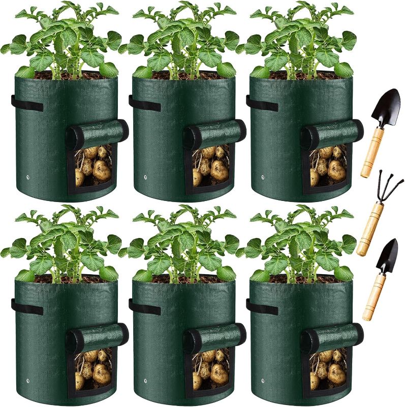 Photo 1 of 6-Pack 10 Gallon Grow Bags, 120g PE Lightweight Portable Planting Bags, Potato Growing Bags with Shovels and Hand Rake, Grow Bags with Flap and Handles, Vegetable Grow Pots for Potato, Tomato
