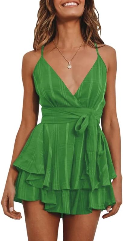 Photo 2 of Kaxindeb Women's Sexy Spaghetti Strap Rompers Beach Waist Tie Layer Ruffle Hem Dress Look Jumpsuit Rompers  SIZE M
