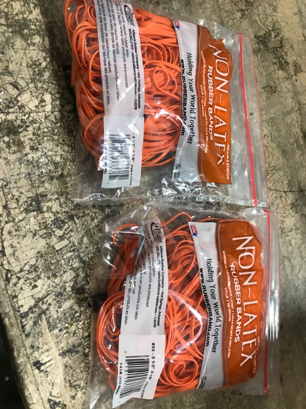 Photo 2 of Alliance Rubber 37338#33 Non-Latex Rubber Bands, 1/4 lb Poly Bag Contains Approx. 180 Bands (3 1/2" x 1/8", Orange) 3 1/2 x 1/8 inches 1/4 Pound Bag   2 PACKS