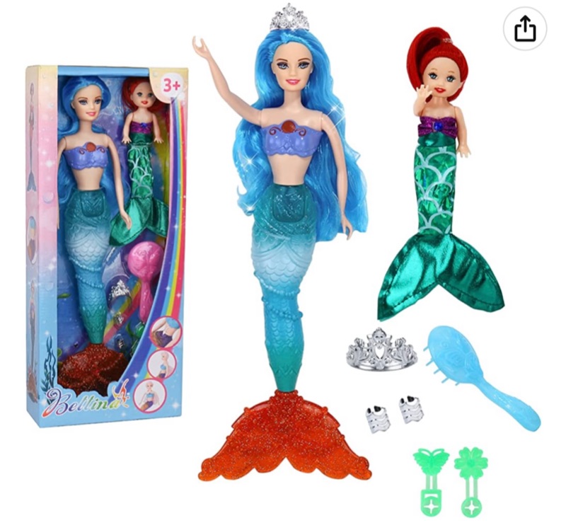 Photo 1 of Blue Hair Princess Mermaid Doll with Little Ariel Mermaid Doll & Accessories, Mermaid Gifts for Girls 3-8, Mermaids Bath Toys