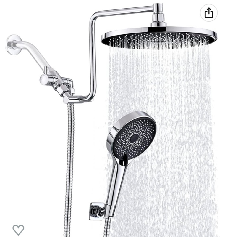 Photo 1 of 10" Rainfall Shower Head with Handheld Combo, Upgrade 12" Extension Arm Height Adjustable, 3-Way High Pressure Shower Head with Handheld Spray, Brass Shower Holder Extra Long Shower Hose, Chrome