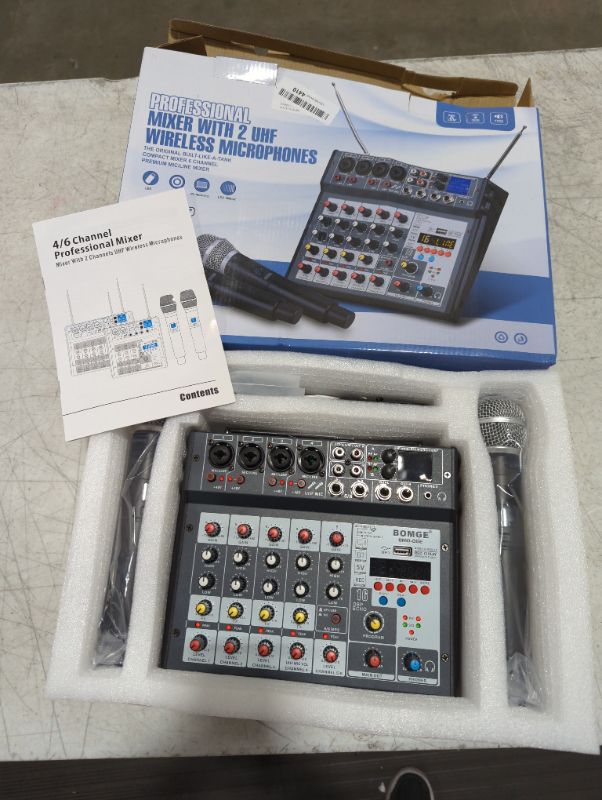 Photo 2 of BOMGE 6 channel Audio DJ Console Mixer Soundcard with 2 Wireless Microphoneh,MP3,USB Bluetooth, 48V phantom for Home Studio Recording DJ Network Live Karaoke 16 Echo/Delay (06E-grey)