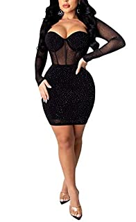 Photo 1 of Aro Lora Womens Sexy Square Neck Glitter Rhinestones Mesh See Through Club Elegant Bodycon Mini Dress Large Black