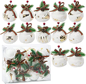 Photo 1 of 12 Pcs Christmas Balls Ornaments Baubles Set 3.15" Christmas Tree Balls Decorations Tree Ornaments for Christmas Holiday Party (White&Gold)
