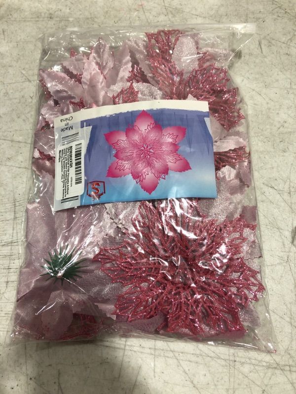 Photo 2 of 12Pcs Christmas Glitter Poinsettia Artificial Flowers with Stems Christmas Ornaments for Xmas Tree Wreaths Garland Holiday Seasonal Wedding Decorations-Pink, 7"