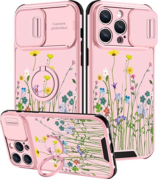 Photo 1 of Goocrux (2in1 for iPhone 14 Pro Case Floral for Women Girls Flowers Girly Pretty Phone Cover Cute Plants Design with Slide Camera Cover+Ring Holder Pink Cases for iPhone 14Pro 6.1''
