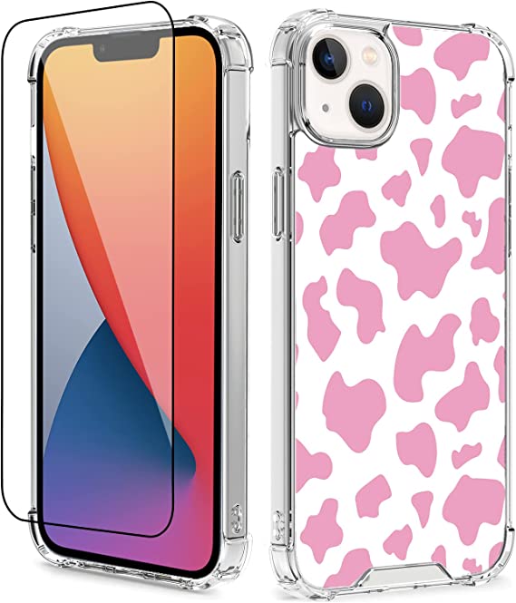 Photo 1 of KANGHAR for iPhone 14 Case with Screen Protector Animal Print Soft Clear TPU Bumper + Hard PC Shockproof Full Body Protective Phone Case Cover for iPhone 14 6.1 Inch - Pink Cow Print
