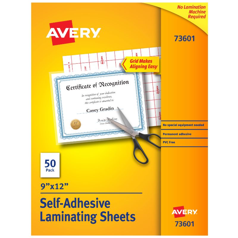 Photo 1 of Avery Clear Laminating Sheets 9 X 12 Permanent Self-Adhesive 50 Sheets (73601)
