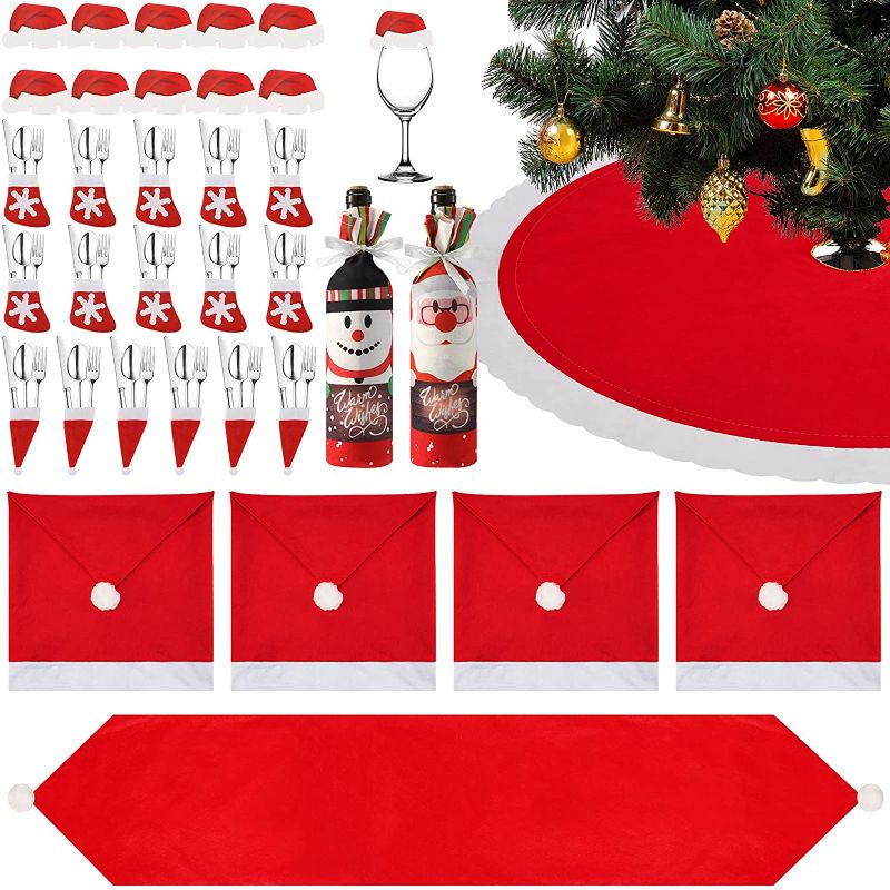 Photo 1 of 34 Pieces Christmas Dinnerware Set Kitchen Dinner Table Decorations Santa Hats table Runner Santa Claus Silverware Holders Wine Bottle Cover Christmas tree skirt Chair Back Covers Xmas Party Supplies-