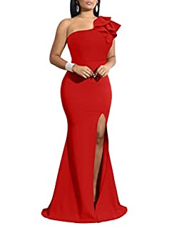 Photo 1 of YMDUCH Women's Sexy Sleeveless One Shoulder Ruffle High Split Party Evening Long Formal Dress Red