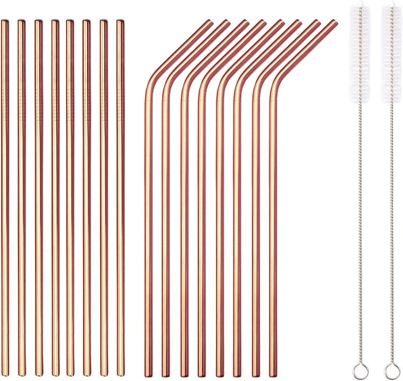 Photo 1 of 18 Piece Copper Stainless Steel Straws, 8.5 '' Reusable Rose Gold Drinking Straws,with Portable Pouch (8 Straight/8 Bent/2 Brushes)
