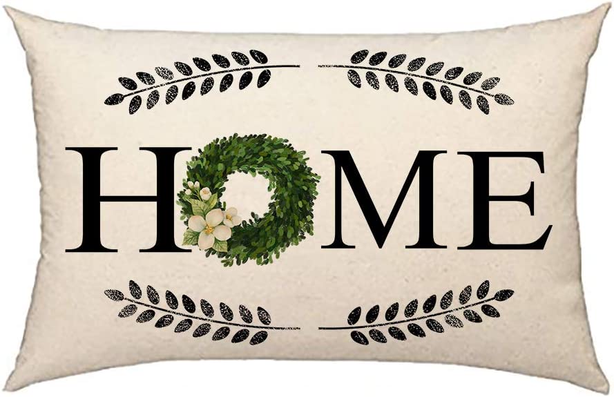 Photo 1 of 4TH Emotion Fall Home Boxwood Wreath Throw Pillow Cover Farmhouse Autumn Cushion Case for Sofa Couch 12x20 Inches Polyester Linen 