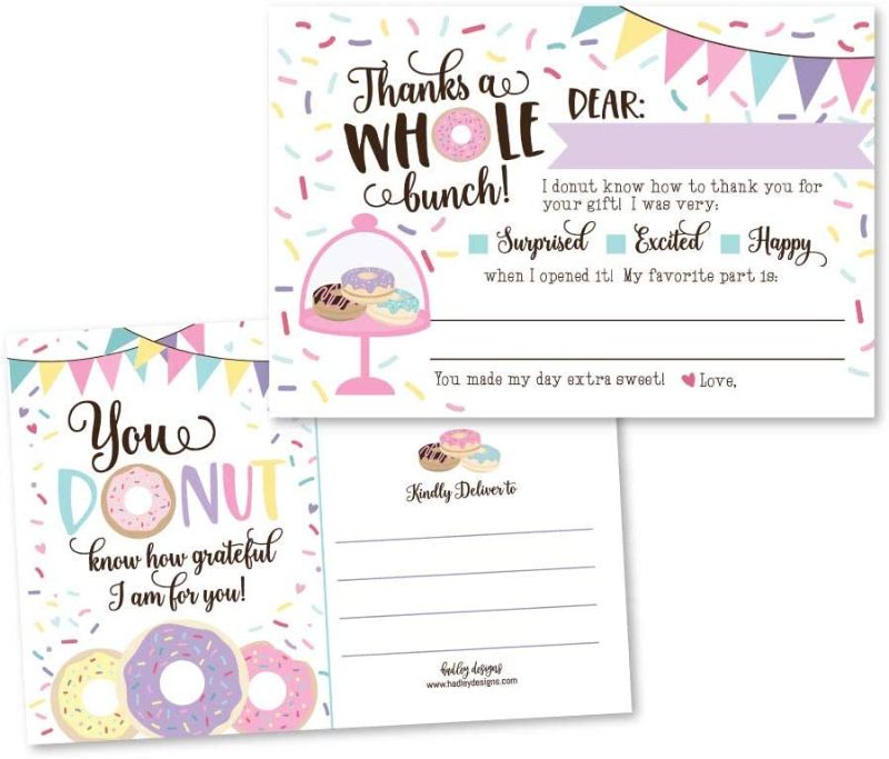 Photo 1 of 25 Donut Party Fill In The Blank Kids Thank You Cards, Pink Sprinkles Themed Confetti Bday Party Notes, Doughnut Frosting Adult or Children Birthday
