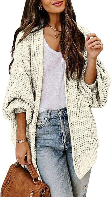 Photo 1 of SIZE LARGE Frolitre Women's Oversized Cardigan Chunky Knitted Long Lantern Sleeve Open Front Boyfriend Outwear Coat
