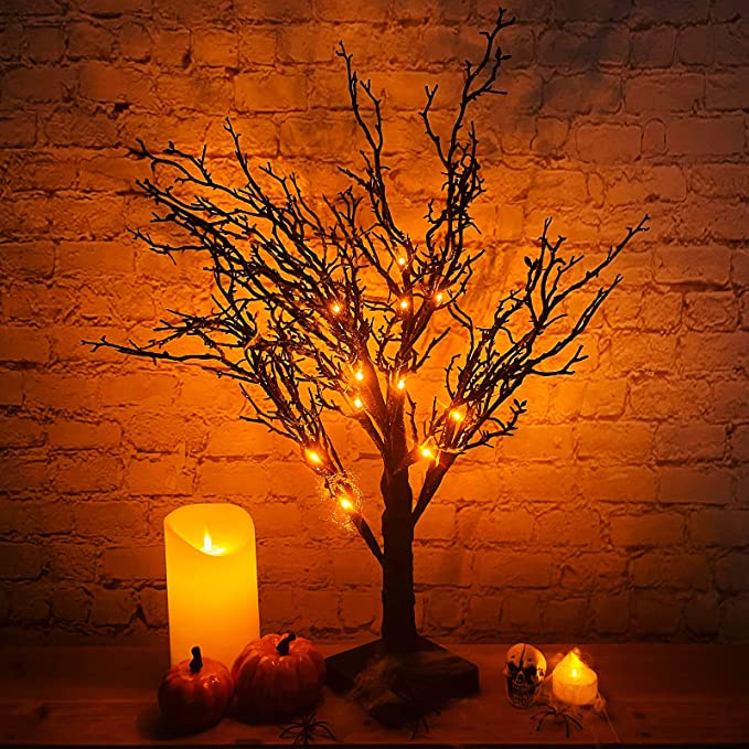 Photo 1 of 24 Inch Prelit Halloween Tree Decor with Timer 24 LED Orange Lights Battery Operated Black Spooky Artificial Tree Glittered Halloween Decorations Indoor Home 