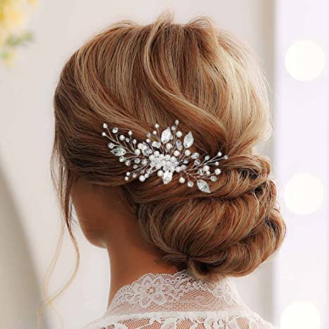 Photo 1 of Casdre Pearl Bride Wedding Hair Comb Silver Rhinestone Bridal Hair Accessories Side Comb Leaf Hair Piece for Women and Girls 