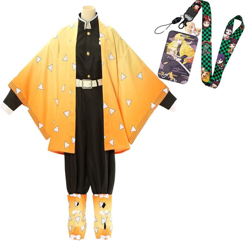 Photo 1 of Anime Cosplay Costume Kamado Nezuko Zenitsu Tanjirou Giyuu Kimono Outfit Cloak with Earring and Poster