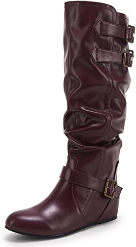 Photo 1 of Coutgo Womens Slouched Knee High Boots Wide Calf Pull On Buckle Flat Winter Boot 9.5
