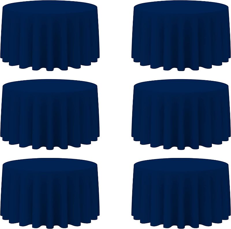 Photo 1 of 6 Pack Navy Blue Round Tablecloths 120 Inch - Circle Bulk Linen Polyester Fabric Washable Table Clothes Cover for Wedding Reception Banquet Party Buffet Restaurant 