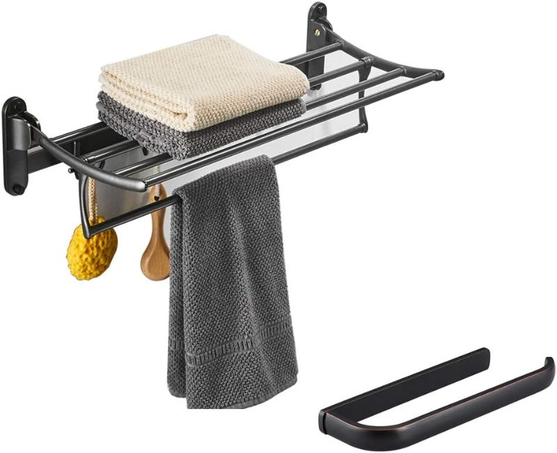 Photo 1 of  Brass Hand Towel Bar for Bathroom Oil Rubbed Bronze with  Oil Rubbed Bronze Towel Racks, Bathroom Towel Shelf with Foldable Towel Bar Holder and Towel Hooks-- boxed damaged