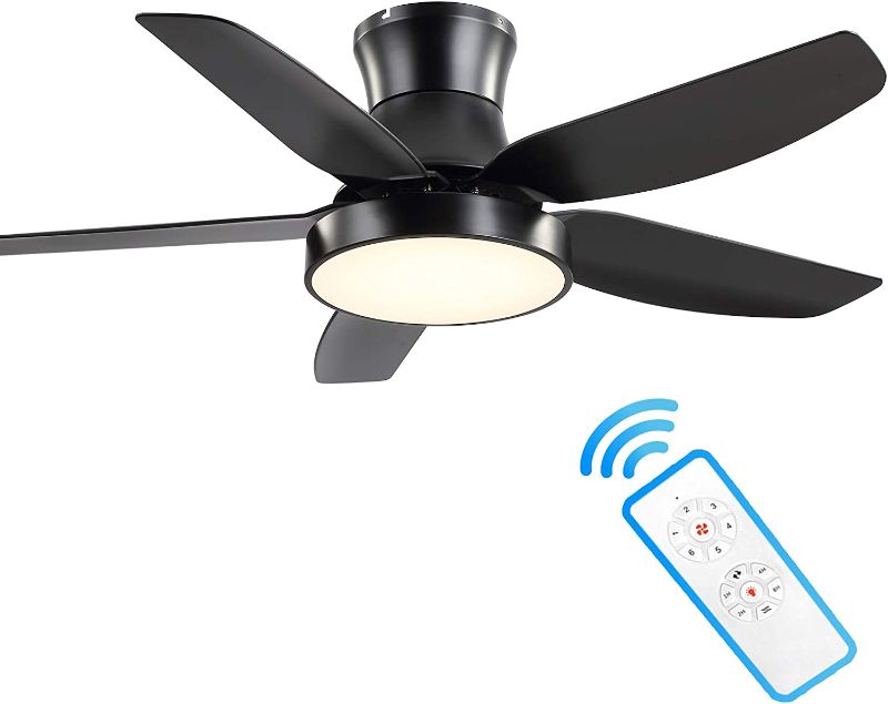 Photo 1 of ALUOCYI 42 Inch Black Ceiling Fan with Light and Remote Control, Low Profile Ceiling Fan with 3 Color Change, 6 Speeds & Timer Control, Flush Mount Ceiling Fan for Living Room, Dining Room, Bedroom
