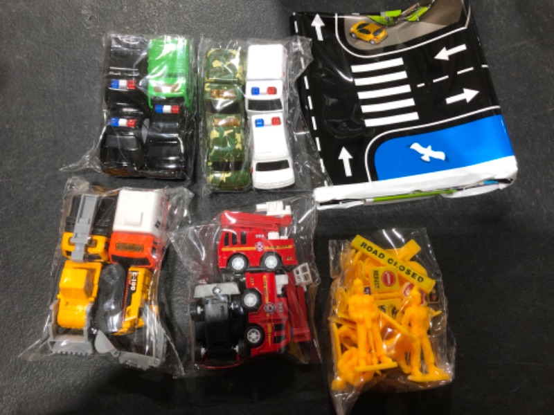 Photo 1 of Car Toys with Play Mat, Toy Cars for Boys,Car Toys for Toddlers,Pull Back Cars Include Construction Vehicles, Fire Vehicles, etc.10 Road Signs 4 Dolls,Vehicle Toy Set for Kids.