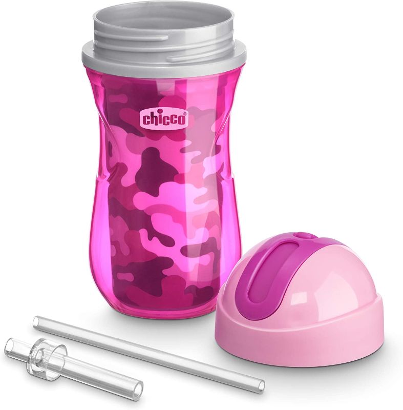 Photo 1 of Chicco Insulated Flip-Top Straw Spill Free Baby Sippy Cup, 12 Months+, Pink 9 Ounce (Pack of 2)